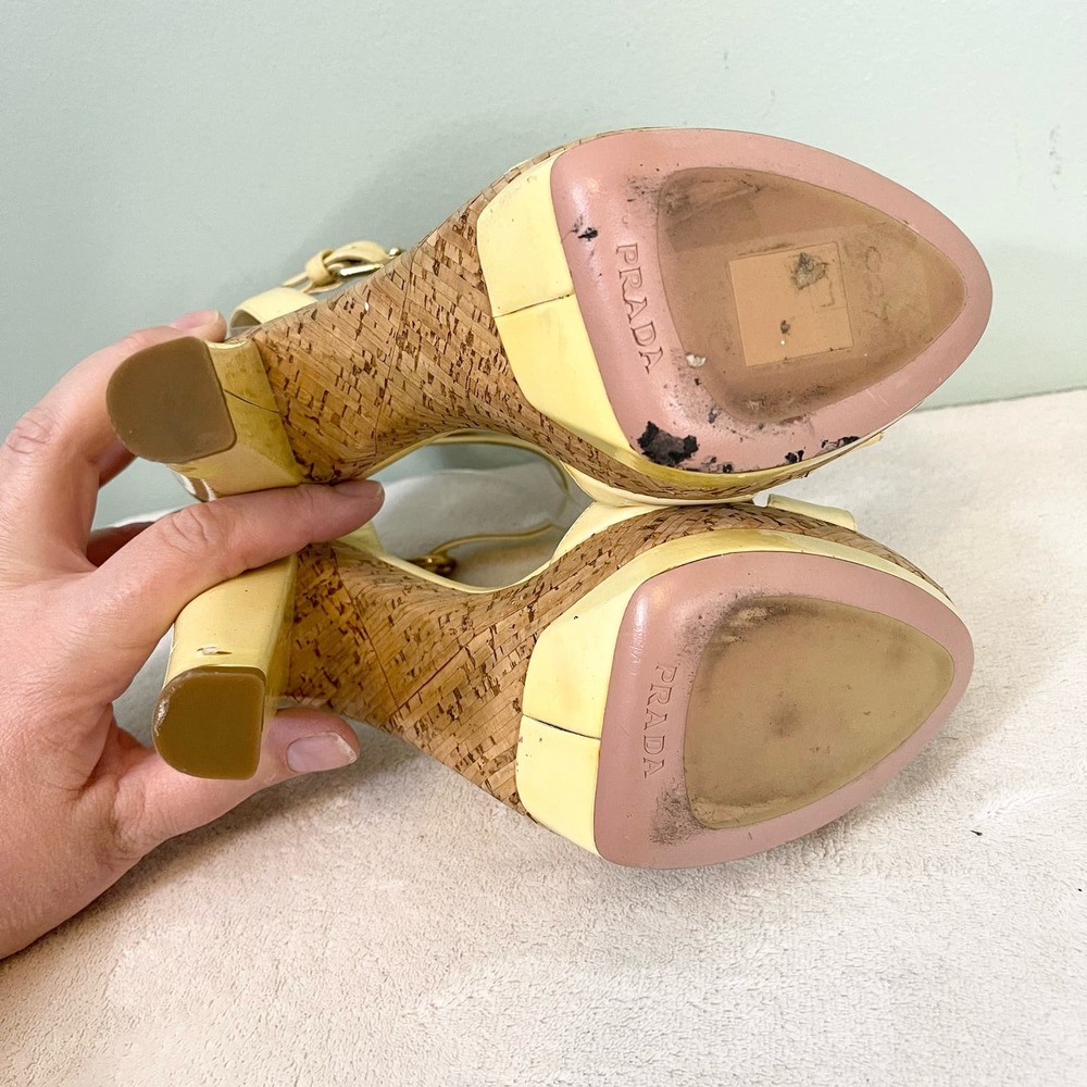 PRADA Women's Yellow Leather Ankle Strap Cork High Heels Sandal Size 36.5 - Picture 14 of 16